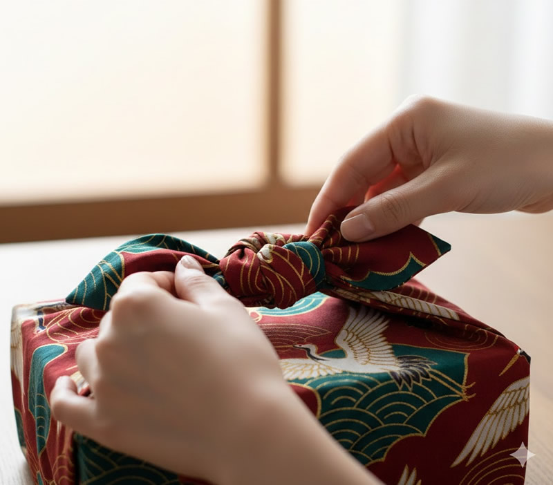 Nachhaltige Geschenkverpackung für Mitarbeiter Firmen Nahaufnahme Furoshiki-Tuch